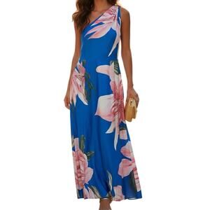 Fehaute Blue Pink Floral Satin One Shoulder Maxi Dress Pockets Size 10 NEW Tags
